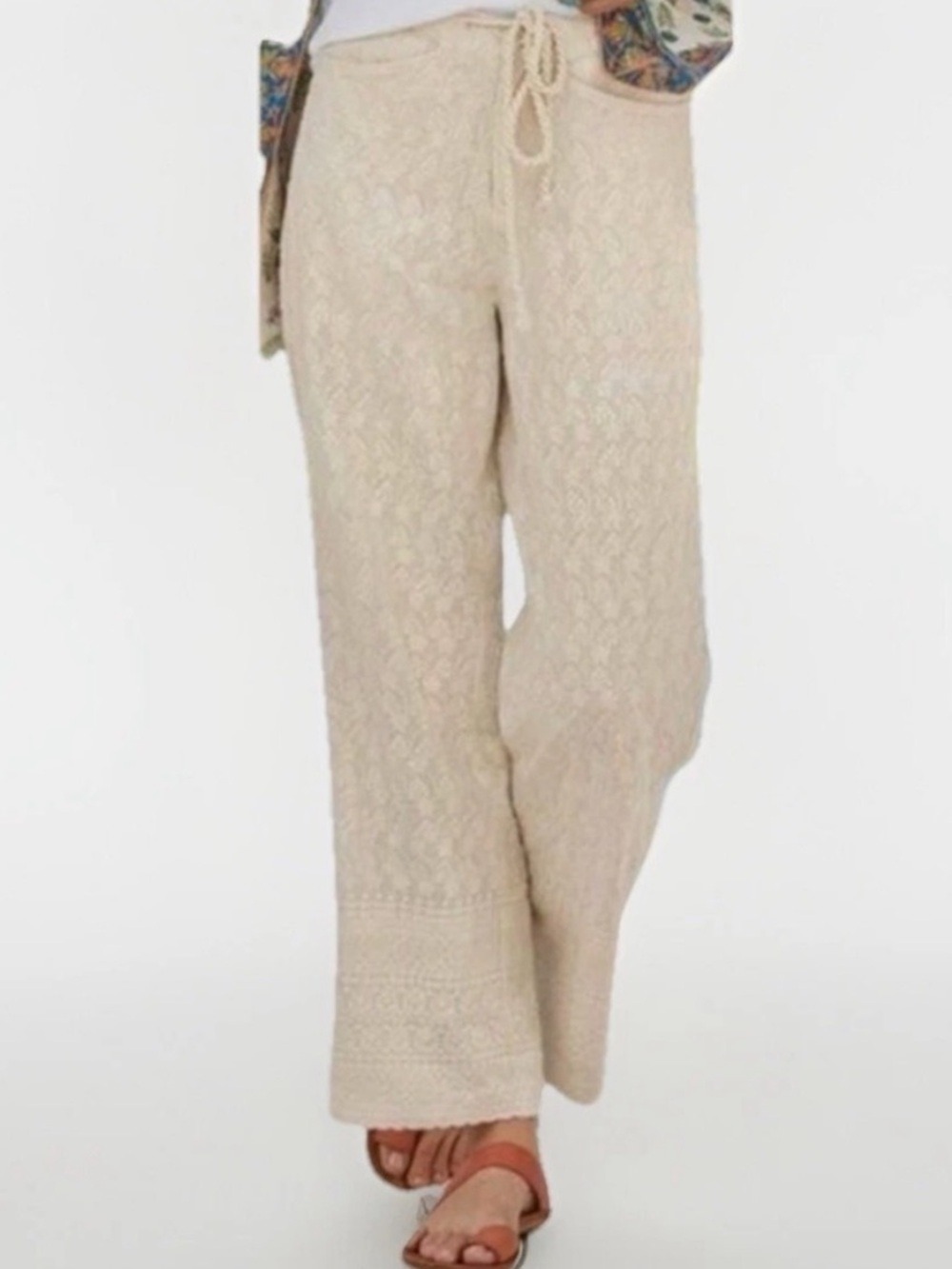 Sundance Solstice Embroidered Cream Wide Leg Cropped Pants size medium
